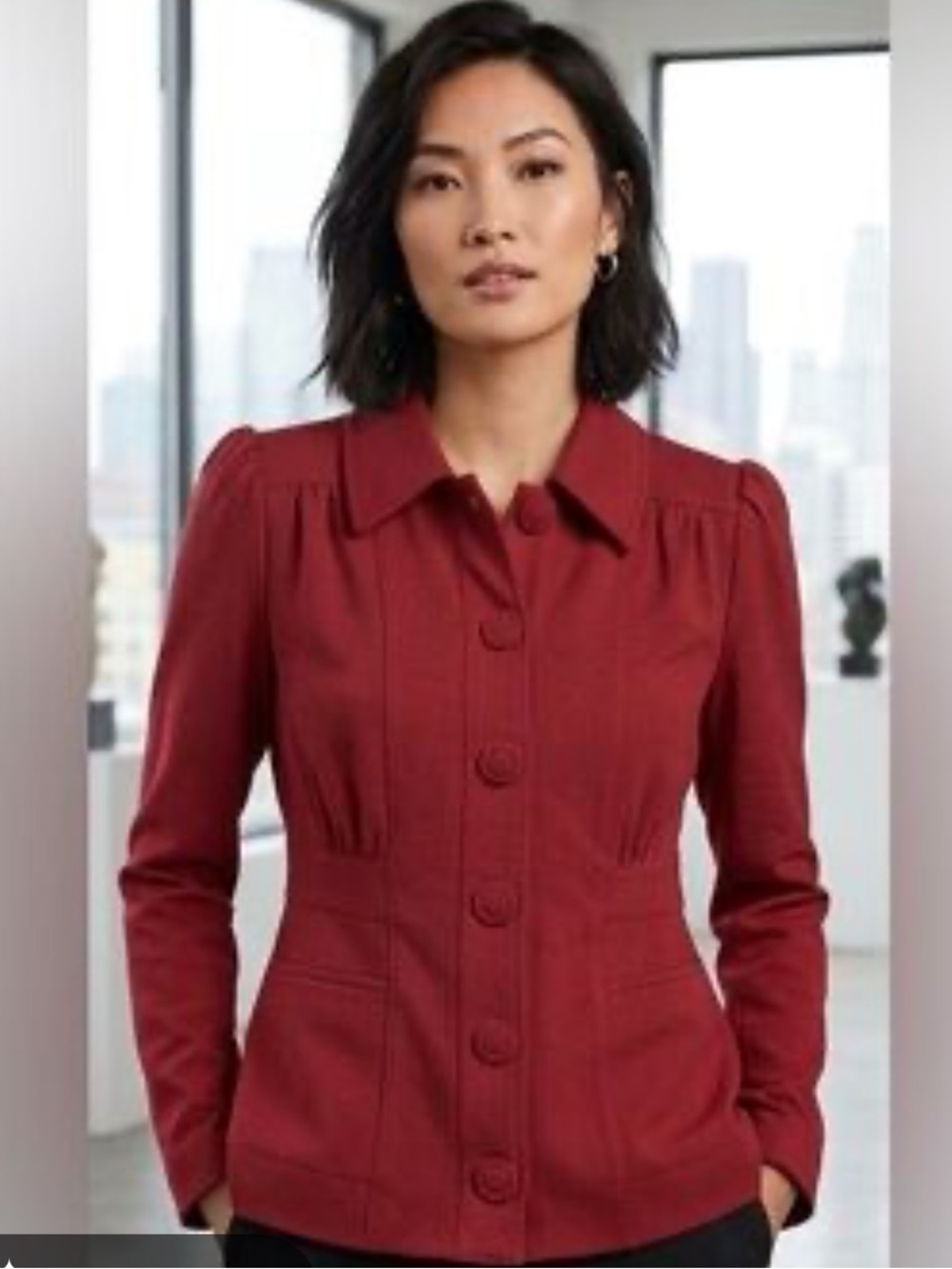 CAbi Deep Red Snap Front Tailored Spencer Jacket